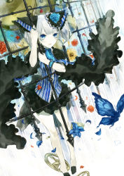 Rule 34 | 1girl, arm garter, ascot, bare legs, blue eyes, bug, butterfly, flower, frills, full body, gears, hair flower, hair ornament, insect, jewelry, kunimura hakushi, legs, looking at viewer, miniskirt, no socks, original, petals, puffy sleeves, ring, shirt, shoes, short hair, short twintails, silver hair, skirt, solo, striped clothes, striped shirt, twintails, vertical stripes
