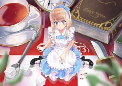 Rule 34 | 1girl, absurdres, alice (alice in wonderland), alice in wonderland, analog clock, apron, arisugawa bii, black footwear, blonde hair, blue dress, blue eyes, blue nails, blurry, book, card, checkered floor, clock, copyright name, cup, depth of field, dress, artistic error, full body, hairband, hand on lap, high heels, highres, huge filesize, knife, long hair, looking at viewer, mary janes, mini person, minigirl, nail polish, original, pantyhose, parted lips, playing card, pocket watch, reflection, ribbon, saucer, shiny footwear, shoes, short sleeves, sitting, solo, spoon, sugar cube, tea, teacup, wariza, watch, white apron, white pantyhose