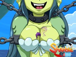 Rule 34 | 2girls, between breasts, breast smother, breasts, cloud, colored skin, face to breasts, giant, giantess, giga mermaid, green skin, monster girl, multiple girls, open mouth, person between breasts, shantae: half-genie hero, shantae, shantae (series), sky, smile