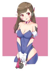 Rule 34 | 1girl, :d, adapted costume, armlet, bare shoulders, blue thighhighs, blunt bangs, blush, bodysuit, breasts, brown hair, charm (object), choker, cleavage, collarbone, covered navel, cowboy shot, cropped legs, d.va (overwatch), elbow pads, eyebrows, facepaint, facial mark, gloves, gun, handgun, head tilt, headphones, heart, holding, holding gun, holding weapon, impossible clothes, impossible leotard, jewelry, large breasts, legs apart, leotard, long hair, looking at viewer, neck ring, open mouth, overwatch, overwatch 1, own hands together, parted bangs, pilot suit, pinky out, raised eyebrows, red eyes, ribbed leotard, robot ears, sameya (ara7569), simple background, skin tight, smile, solo, spoken heart, standing, strapless, strapless leotard, thighhighs, tongue, tongue out, two-tone background, v arms, weapon, whisker markings, white gloves