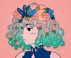 Rule 34 | 1girl, black eyes, blue butterfly, bug, butterfly, crescent, flower, gradient hair, green hair, highres, insect, leaf, meyoco, multicolored hair, original, parted lips, pink background, pink flower, pink hair, portrait, profile, simple background, solo
