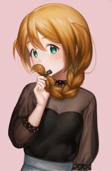 Rule 34 | baba konomi, black shirt, blush, bow, braid, breasts, brown hair, cleavage, commentary request, covering own mouth, green eyes, grey skirt, hair between eyes, hair bow, hand up, idolmaster, idolmaster million live!, long hair, long sleeves, looking at viewer, mimizubare, pink background, playing with own hair, see-through, see-through sleeves, shirt, side ahoge, sidelocks, skirt, small breasts, smile, upper body