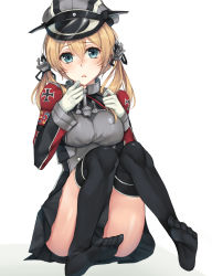 Rule 34 | 10s, 1girl, anchor, black skirt, black thighhighs, blonde hair, blue eyes, breasts, clothes between thighs, cross, feet, full body, gloves, hat, highres, iron cross, kantai collection, long hair, long sleeves, medium breasts, miniskirt, no shoes, peaked cap, prinz eugen (kancolle), rinarisa, sitting, skirt, solo, thighhighs, white gloves