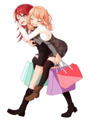 Rule 34 | 2girls, bad id, bad twitter id, bag, bang dream!, black footwear, black skirt, blush, boots, brown footwear, carrying, carrying bag, commentary request, cropped jacket, drooling, from side, full body, grey jacket, hand on another&#039;s cheek, hand on another&#039;s face, high-waist skirt, highres, izu (izzzzz27), jacket, knee boots, long hair, long sleeves, low twintails, multiple girls, one eye closed, open mouth, orange hair, piggyback, red hair, shirt, shopping bag, simple background, skirt, sleeping, thighhighs, twintails, udagawa tomoe, uehara himari, white background, white shirt