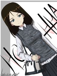 Rule 34 | 10s, 1girl, 2016, alternate costume, artist name, bag, black hair, black skirt, blue eyes, bukkuri, carrying, casual, character name, cyrillic, dated, dutch angle, emblem, fashion, girls und panzer, half-closed eyes, handbag, jewelry, light smile, long hair, long sleeves, looking at viewer, necklace, nonna (girls und panzer), pleated skirt, pravda (emblem), russian text, shirt, signature, skirt, solo, standing, sweater vest, swept bangs, upper body, white shirt