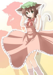 Rule 34 | 1girl, animal ears, brown hair, cat ears, cat girl, cat tail, chen, china dress, chinese clothes, dress, female focus, gradient background, hat, liya, short hair, solo, tail, touhou