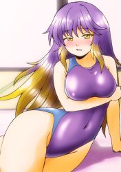 Rule 34 | 1girl, blonde hair, blush, breast hold, breasts, covered navel, curvy, d-m (dii emu), gradient hair, highres, hijiri byakuren, long hair, looking at viewer, medium breasts, multicolored hair, one-piece swimsuit, open mouth, purple hair, sitting, solo, swimsuit, touhou, two-tone hair, wide hips, yellow eyes