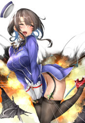 Rule 34 | 1girl, black gloves, black hair, black panties, blue jacket, covering crotch, covering privates, explosion, garter straps, gloves, headwear pull, highres, jacket, kantai collection, long sleeves, panties, puffy long sleeves, puffy sleeves, red footwear, solo, takao (kancolle), thighs, tororo ten, underwear, unworn panties, white background