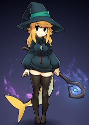 Rule 34 | 1girl, absurdres, black eyes, black hat, black thighhighs, blonde hair, blush, closed mouth, d-floe, fins, fish tail, full body, halloween costume, hat, highres, long hair, long sleeves, looking at viewer, original, shark girl, shark tail, smile, solo, swept bangs, tail, thighhighs, witch hat