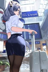 Rule 34 | 1girl, airport, alternate costume, ass, black pantyhose, blue eyes, blue hat, blue skirt, breasts, commentary request, english text, from behind, genshin impact, grey hair, hair ornament, hair over one eye, hat, highres, large breasts, long hair, looking at viewer, looking back, pantyhose, parted lips, shenhe (genshin impact), shiben (ugvu5784), shirt, shirt tucked in, short sleeves, skirt, smile, suitcase, thighs, travel attendant, white shirt