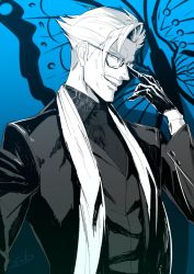 Rule 34 | 1boy, beard, bug, butterfly, facial hair, fate/grand order, fate (series), formal, glasses, bug, james moriarty (archer) (fate), male focus, monochrome, mustache, short hair, smile, solo, suit, suzuki rui, white hair