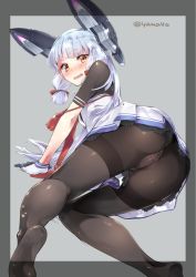 Rule 34 | 10s, 1girl, :o, all fours, ass, black pantyhose, blush, bodysuit, border, breasts, dress, fang, feet, from behind, gloves, grey background, hair ribbon, headgear, kantai collection, lace, long hair, looking at viewer, looking back, murakumo (kancolle), murakumo kai ni (kancolle), necktie, no shoes, nose blush, orange eyes, panties, panties under pantyhose, pantyhose, pantyshot, petticoat, pleated dress, revision, ribbon, sailor dress, shiny clothes, short dress, short eyebrows, sidelocks, simple background, sketch, small breasts, solo, super zombie, tassel, thigh gap, thighband pantyhose, tress ribbon, twitter username, underwear, very long hair, wavy mouth, white hair