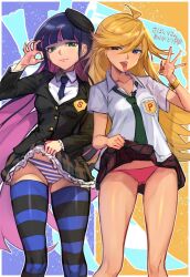 Rule 34 | 2girls, blonde hair, blue eyes, blue hair, blue necktie, frilled skirt, frills, green necktie, highres, lifted by self, long hair, looking at viewer, multicolored hair, multiple girls, necktie, panties, panty &amp; stocking with garterbelt, panty (psg), pink hair, pink panties, plaid, plaid skirt, puffy sleeves, r123, shirt, skirt, smile, stocking (psg), striped clothes, striped hair, striped panties, striped thighhighs, thighhighs, tongue, tongue out, two-tone hair, underwear, white shirt