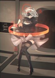Rule 34 | 1girl, android, blindfold, clothes lift, fadingz, full body, high heels, highres, knees together feet apart, marilyn monroe, nier (series), nier:automata, open mouth, parody, sign, signature, skirt, skirt lift, solo, standing, thighhighs, warning sign, white hair, 2b (nier:automata)