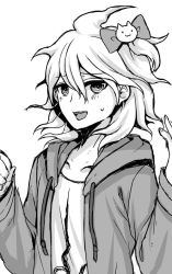Rule 34 | :d, blush, bow, cat hair ornament, collarbone, commentary request, danganronpa (series), danganronpa 2: goodbye despair, greyscale, hair between eyes, hair bow, hair ornament, hood, hood down, hooded jacket, jacket, komaeda nagito, long sleeves, looking at viewer, male focus, monochrome, nico (nico alice), one side up, open clothes, open jacket, open mouth, print shirt, shirt, simple background, sketch, smile, solo, sweatdrop, teeth, upper body, upper teeth only, white background