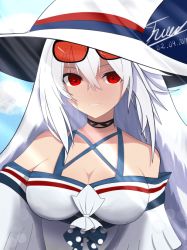 Rule 34 | 1girl, arknights, armpits, arms up, bare shoulders, black choker, breasts, choker, cleavage, cloud, commentary, dated, english commentary, eyewear on head, hair between eyes, hat, long hair, looking at viewer, lunar nagiko, medium breasts, navel, off-shoulder shirt, off shoulder, official alternate costume, outdoors, red eyes, shirt, signature, silver hair, skadi (arknights), skadi (waverider) (arknights), sky, solo, sunglasses, upper body, very long hair, white hat, white shirt