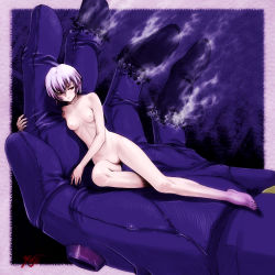 Rule 34 | 1girl, ayanami rei, barefoot, blue hair, blush, border, breasts, hair ornament, highres, kobayashi yuji, legs, light smile, long legs, looking away, lying, melting, neon genesis evangelion, nipples, no pussy, nude, on side, plugsuit, red eyes, shadow, short hair, signature, small breasts, solo, steam