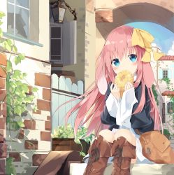 Rule 34 | 1girl, animal ears, bag, black jacket, blue eyes, blue sky, blush, boots, bow, brick wall, brown footwear, building, cloud, commentary request, cross-laced footwear, day, dress, fence, food, hair between eyes, hair bow, highres, holding, holding food, jacket, knee boots, kushida you, lace-up boots, long sleeves, open clothes, open jacket, original, outdoors, pink hair, rabbit ears, shoulder bag, sitting, sitting on stairs, sky, sleeves past wrists, solo, stairs, stone stairs, wall lamp, white dress, wide sleeves, window, yellow bow