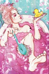 Rule 34 | 1girl, bath, bathing, bird, blonde hair, bubble, dc comics, duck, feet, harley quinn, harley quinn (series), nail polish, nude