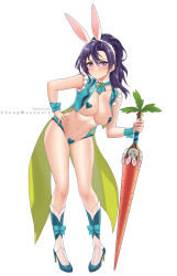 Rule 34 | 1girl, animal ears, bare legs, blush, breasts, carrot, chungmechanic, fake animal ears, fir (fire emblem), fire emblem, fire emblem: the binding blade, fire emblem heroes, highres, large breasts, leaning forward, leotard, looking at viewer, medium hair, meme attire, midriff, nintendo, pasties, playboy bunny, ponytail, purple eyes, purple hair, rabbit ears, raised eyebrow, reverse bunnysuit, reverse outfit, simple background, solo, white background