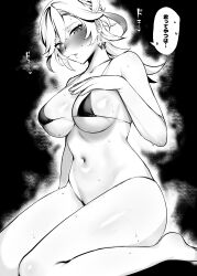 Rule 34 | 1girl, 314khk, absurdres, barefoot, bikini, blush, breasts, cleavage, earrings, genderswap, genderswap (mtf), genshin impact, greyscale, hair between eyes, hand on own chest, highres, jewelry, kaveh (genshin impact), large breasts, long hair, looking at viewer, micro bikini, monochrome, multicolored hair, parted lips, sitting, solo, speech bubble, sweat, swimsuit, translation request