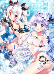 Rule 34 | 2girls, :d, ahoge, ass, azur lane, black bra, black gloves, black ribbon, blush, bow, bow bra, bow panties, bra, breasts, cleavage, collarbone, commentary request, conch, detached sleeves, fang, flower, gloves, hair between eyes, hair bun, hair flower, hair ornament, hair ribbon, halterneck, hand up, holding, kamiya maneki, lace, lace gloves, long hair, long sleeves, looking at viewer, medium breasts, multiple girls, nail polish, one side up, open mouth, panties, purple eyes, purple hair, red eyes, red nails, red ribbon, ribbon, sandals, seashell, see-through, shell, side bun, sidelocks, silver hair, single hair bun, single side bun, sleeves past wrists, small breasts, smile, starfish, stuffed animal, stuffed pegasus, stuffed toy, stuffed unicorn, stuffed winged unicorn, toenail polish, toenails, twintails, underwear, underwear only, unicorn (azur lane), vampire (azur lane), very long hair, white bra, white flower, white panties