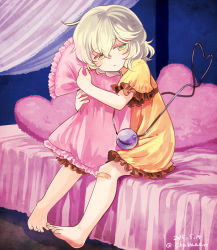 Rule 34 | 1girl, alternate costume, bandaid, bandaid on knee, bandaid on leg, barefoot, chaba (hortensia), colored eyelashes, curtains, dated, expressionless, eyeball, foot dangle, frilled pillow, frills, full body, green eyes, green hair, heart, heart of string, heart-shaped pillow, komeiji koishi, looking at viewer, matching hair/eyes, nightgown, no headwear, hugging object, on bed, pillow, pillow hug, short hair, sitting, solo, string, third eye, touhou, twitter username