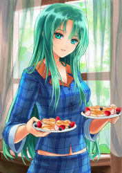 Rule 34 | 1girl, akuru (akr369akr), aqua hair, blackberry (fruit), blue eyes, blue pajamas, blue shirt, breasts, butter, buttons, cleavage, commission, curtains, fire emblem, fire emblem: path of radiance, food, fruit, hair between eyes, hair intakes, holding, holding plate, long hair, looking at viewer, medium breasts, nephenee (fire emblem), nintendo, open mouth, pajamas, plate, shirt, skeb commission, smile, solo, standing, strawberry, syrup, very long hair, window