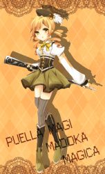 Rule 34 | 10s, 1girl, beret, blonde hair, boots, corset, detached sleeves, drill hair, fingerless gloves, gloves, gun, hat, highres, magical musket, mahou shoujo madoka magica, mahou shoujo madoka magica (anime), nsnmy, puffy sleeves, rifle, shadow, solo, thighhighs, tomoe mami, weapon, yellow eyes