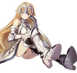 Rule 34 | 1girl, armor, armored dress, blonde hair, blue eyes, breasts, capelet, cleavage, fate/apocrypha, fate/grand order, fate (series), gauntlets, headpiece, jeanne d&#039;arc (fate), jeanne d&#039;arc (ruler) (fate), jeanne d&#039;arc (third ascension) (fate), long hair, looking at viewer, rain (nadroj31), simple background, sitting, smile, solo, thighhighs, very long hair, weapon, white background