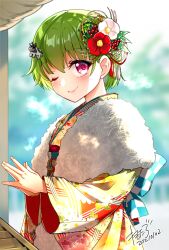 Rule 34 | 1girl, 2022, blurry, blurry background, chinese zodiac, closed mouth, cow hair ornament, cowboy shot, dated, day, eyelashes, eyes visible through hair, floral print, flower, fur-trimmed kimono, fur trim, green hair, hair between eyes, hair flower, hair ornament, hatsumoude, highres, japanese clothes, kimono, light blush, lips, long sleeves, looking at viewer, new year, nomura miki, one eye closed, outdoors, own hands together, pink eyes, praying, red flower, remotaro, short hair, signature, smile, solo, standing, summer pockets, tassel, tassel hair ornament, white flower, white fur, wide sleeves, year of the ox, yellow kimono, yukata, ||/