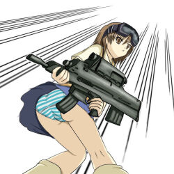 Rule 34 | 1girl, airburst grenade launcher, alliant techsystems, ass, assault rifle, brown eyes, brown hair, bullpup, carbine, computerized scope, contraves brashear systems, goggles, goggles on head, grenade launcher, gun, headset, heckler &amp; koch, huge weapon, l-3 communications corporation, l3 technologies, long gun, looking at viewer, looking down, military, misaka imouto, modular weapon system, multi-weapon, multiple-barrel firearm, night-vision device, panties, pants king, precision-guided firearm, prototype design, rifle, school uniform, scope, semi-automatic firearm, semi-automatic grenade launcher, sheath, short-barreled rifle, sight (weapon), simple background, sketch, smart scope, solo, telescopic sight, thermal weapon sight, toaru kagaku no railgun, toaru majutsu no index, transforming weapon, under-barrel configuration, underbarrel assault rifle, underbarrel rifle, underwear, unfinished, uniform, upskirt, weapon, white background, xm104 (smart scope), xm29 oicw