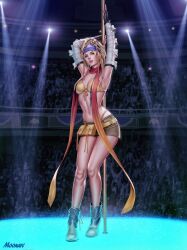 Rule 34 | 1girl, armpits, arms up, artist name, audia pahlevi, bandana, blonde hair, boots, bra, breasts, crowd, final fantasy, final fantasy x, final fantasy x-2, full body, gauntlets, green eyes, hair ornament, highres, long hair, medium breasts, miniskirt, neon lights, non-web source, pole, pole dancing, pouch, rikku (ff10), scarf, skirt, solo, stripper pole, underwear, yellow bra