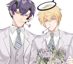 Rule 34 | 2boys, arknights, black halo, blonde hair, blue eyes, bouquet, collared shirt, ear piercing, executor (arknights), flamebringer (arknights), flower, flower in mouth, formal, halo, highres, holding, holding bouquet, horns, lawliet1095, male focus, material growth, multiple boys, oripathy lesion (arknights), piercing, pointy ears, purple hair, shirt, suit, white background, white suit