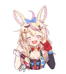 Rule 34 | 1girl, ^ ^, animal ears, blonde hair, blue bow, blush, bow, bow choker, breasts, cleavage, closed eyes, fox ears, fox girl, gloves, hair bow, hair ornament, hairclip, head tilt, highres, hololive, medium breasts, omaru polka, omaru polka (1st costume), pointing, pointing at self, red gloves, single glove, smile, solo, star (symbol), star in eye, symbol in eye, upper body, virtual youtuber, vyolfers, white background