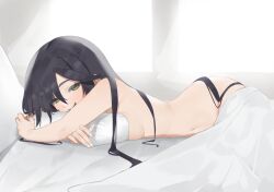 Rule 34 | 1girl, bed sheet, black hair, blanket, breasts, flasso, from side, genshin impact, green eyes, hair between eyes, long hair, looking at viewer, lying, medium breasts, mona (genshin impact), naked sheet, navel, open mouth, pillow, smile, solo, teeth, upper teeth only, very long hair
