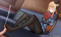 Rule 34 | 1girl, blonde hair, blue eyes, blush, censored, couch, cum, ejaculation, fate/grand order, fate (series), feet, footjob, half-closed eyes, hat, long hair, lord el-melloi ii case files, no panties, pantyhose, parted lips, reading, reines el-melloi archisorte, sitting, toes
