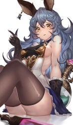 Rule 34 | 1girl, absurdres, animal ears, backless dress, backless outfit, bare shoulders, black gloves, blue hair, blue skirt, breasts, brown thighhighs, dress, erune, ferry (granblue fantasy), flask, frilled gloves, frills, from below, gloves, granblue fantasy, hair between eyes, highres, ikusaneko, index finger raised, long hair, looking at viewer, medium breasts, open mouth, piercing, rabbit ears, sideboob, sideless outfit, simple background, sitting, skirt, solo, sword, thighhighs, thighs, wavy hair, weapon, yellow eyes