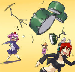 Rule 34 | 3girls, angry, breasts, brown hair, cleavage, cosmic break, dress, drill hair, drum, hair ornament, hair over one eye, instrument, long hair, lowres, maril march, midriff, misty hollow, multiple girls, navel, open mouth, pink hair, red hair, running, short hair, skirt, skj, socks, throwing, winberrl