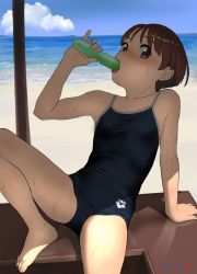 Rule 34 | 1girl, arena (company), arm support, bare arms, bare legs, bare shoulders, barefoot, beach, blue eyes, blue sky, breasts, cloud, collarbone, commentary request, competition school swimsuit, day, eating, highres, mu-pyon, ocean, one-piece swimsuit, one-piece tan, original, outdoors, sand, school swimsuit, short hair, sitting, sky, small breasts, solo, spread legs, suggestive food, sweat, swimsuit, tan, tanline, tupet, very short hair, water
