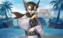 Rule 34 | 1boy, black hair, blue sky, cloud, cloudy sky, creatures (company), day, elite four, game freak, grass, grey eyes, grimsley (pokemon), hair between eyes, holding, japanese clothes, kimono, kodama (artist), long sleeves, male focus, nintendo, official art, outdoors, pokemon, pokemon sm, pokemon tcg, rock, sand, sky, solo, standing, third-party source, tree, water