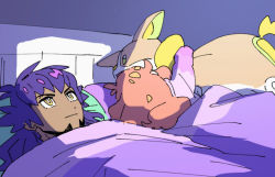 Rule 34 | 1boy, 1girl, 500 dollar four foot tall mareep (meme), bad id, bad twitter id, bed, character doll, closed mouth, commentary request, creatures (company), dark-skinned male, dark skin, dede (qwea 00000), facial hair, game freak, gen 8 pokemon, hair down, indoors, korean commentary, leon (pokemon), long hair, lying, meme, nintendo, on back, orange hair, pokemon, pokemon: twilight wings, pokemon (creature), pokemon swsh, purple hair, sonia (pokemon), under covers, yamper, yellow eyes