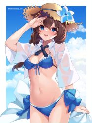 Rule 34 | 1girl, bikini, blue bikini, blue eyes, blush, braid, breasts, brown hair, cowboy shot, hair between eyes, hat, highres, kantai collection, kozu (bloomme1 me), long hair, medium breasts, navel, official alternate costume, open clothes, open mouth, open shirt, shigure (kancolle), shigure kai san (kancolle), shirt, single braid, smile, solo, straw hat, swimsuit, twitter username, white shirt