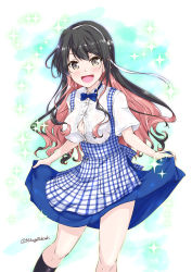 Rule 34 | 1girl, :d, alternate costume, apron, black hair, blouse, blue bow, blue bowtie, blue dress, bow, bowtie, breasts, bursting breasts, clothes lift, cowboy shot, dress, dress lift, fang, gingham, gingham apron, hair ribbon, hairband, kantai collection, kneehighs, kobeya, kobeya uniform, large breasts, long hair, looking at viewer, mikage takashi, multicolored hair, naganami (kancolle), open mouth, pink hair, plaid, plaid apron, ribbon, shirt, smile, socks, solo, star (symbol), starry background, twitter username, two-tone hair, waitress, wavy hair, white background, white hairband, white shirt