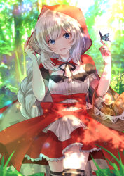 Rule 34 | 1girl, :d, animal, animal on hand, backlighting, baguette, basket, black ribbon, blue eyes, blurry, blurry background, bottle, braid, bread, breasts, bug, butterfly, butterfly on hand, candy, capelet, commentary request, day, depth of field, fate/grand order, fate (series), food, hands up, head tilt, highres, hood, hood up, hooded capelet, insect, iroha (shiki), lollipop, long hair, looking at viewer, marie antoinette (fate), medium breasts, neck ribbon, official alternate costume, open mouth, outdoors, pleated skirt, red capelet, red skirt, revision, ribbon, shirt, sidelocks, silver hair, single braid, skirt, smile, solo, swirl lollipop, very long hair, white shirt, wine bottle