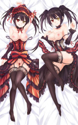 Rule 34 | 10s, 1girl, :q, arm up, armpits, asle, bare shoulders, bed sheet, black hair, black thighhighs, blush, bow, breasts, breasts out, choker, cleft of venus, closed mouth, collarbone, corset, cross-laced clothes, dakimakura (medium), date a live, detached sleeves, dress, dress bow, frilled choker, frilled dress, frilled sleeves, frills, full body, garter straps, groin, hairband, hand on own chest, heterochromia, large breasts, lolita hairband, looking at viewer, lying, multiple views, nipples, no panties, off shoulder, on back, pussy, red dress, red eyes, ribbon-trimmed dress, short hair, short sleeves, sleeveless, sleeveless dress, smile, strap pull, thigh gap, thighhighs, thighs, tokisaki kurumi, tongue, tongue out, topless, twintails, uncensored, v-shaped eyebrows, yellow eyes