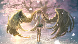 Rule 34 | 1girl, absurdly long hair, cherry blossoms, hair wings, hatsune miku, highres, kouji (astral reverie), long hair, necktie, prehensile hair, skirt, solo, tree, twintails, very long hair, vocaloid, wallpaper, wings