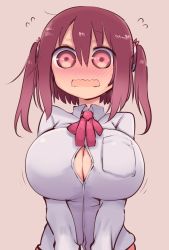 Rule 34 | blouse, blush, breast pocket, breasts, collared shirt, commentary, cool-kyou shinja, ebina nana, highres, himouto! umaru-chan, large breasts, pink background, pocket, popped button, shirt, simple background, solo, standing, twintails, wavy mouth, white shirt