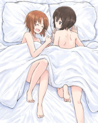 Rule 34 | 2girls, back, barefoot, bed sheet, brown eyes, brown hair, closed mouth, commentary, from above, girls und panzer, incest, laughing, looking at another, lying, multiple girls, mutsu (layergreen), naked sheet, nishizumi maho, nishizumi miho, nude, on bed, on side, on stomach, open mouth, pillow, short hair, siblings, sisters, smile, under covers, yuri