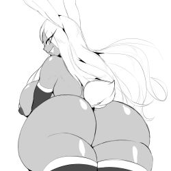 Rule 34 | 1girl, animal ears, ass, boku no hero academia, breasts, from behind, highres, huge ass, large breasts, long hair, looking at viewer, looking back, mirko, monochrome, nude, rabbit ears, rabbit girl, rabbit tail, sketch, smile, solo, tail, thecon, thick thighs, thighhighs, thighs, white background, wide hips
